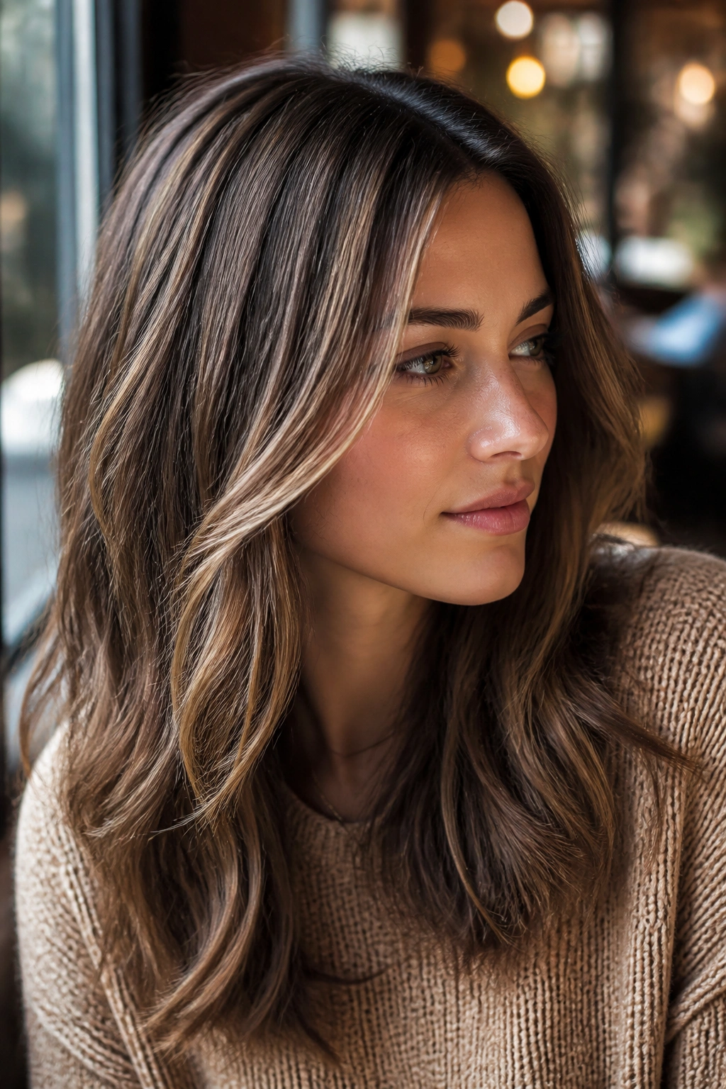 Portrait of woman with layered brown hair and bronde babylights.