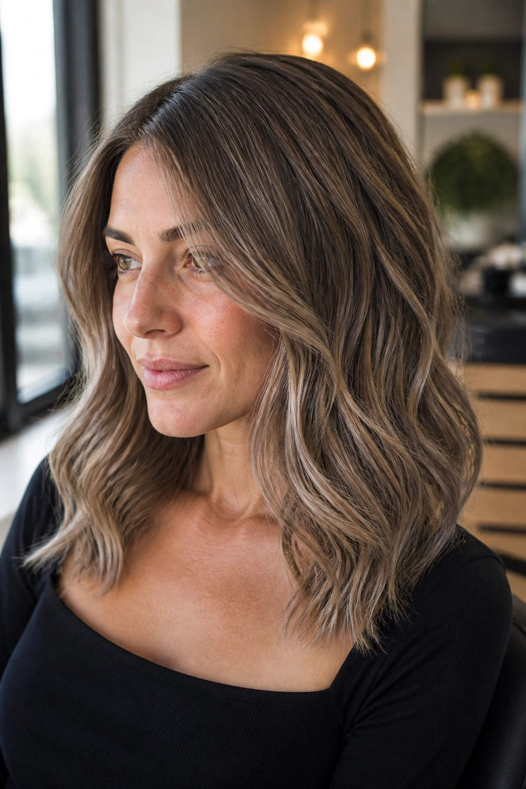 Close-up of a real woman with bronde balayage ash overlay, soft waves, natural window light.