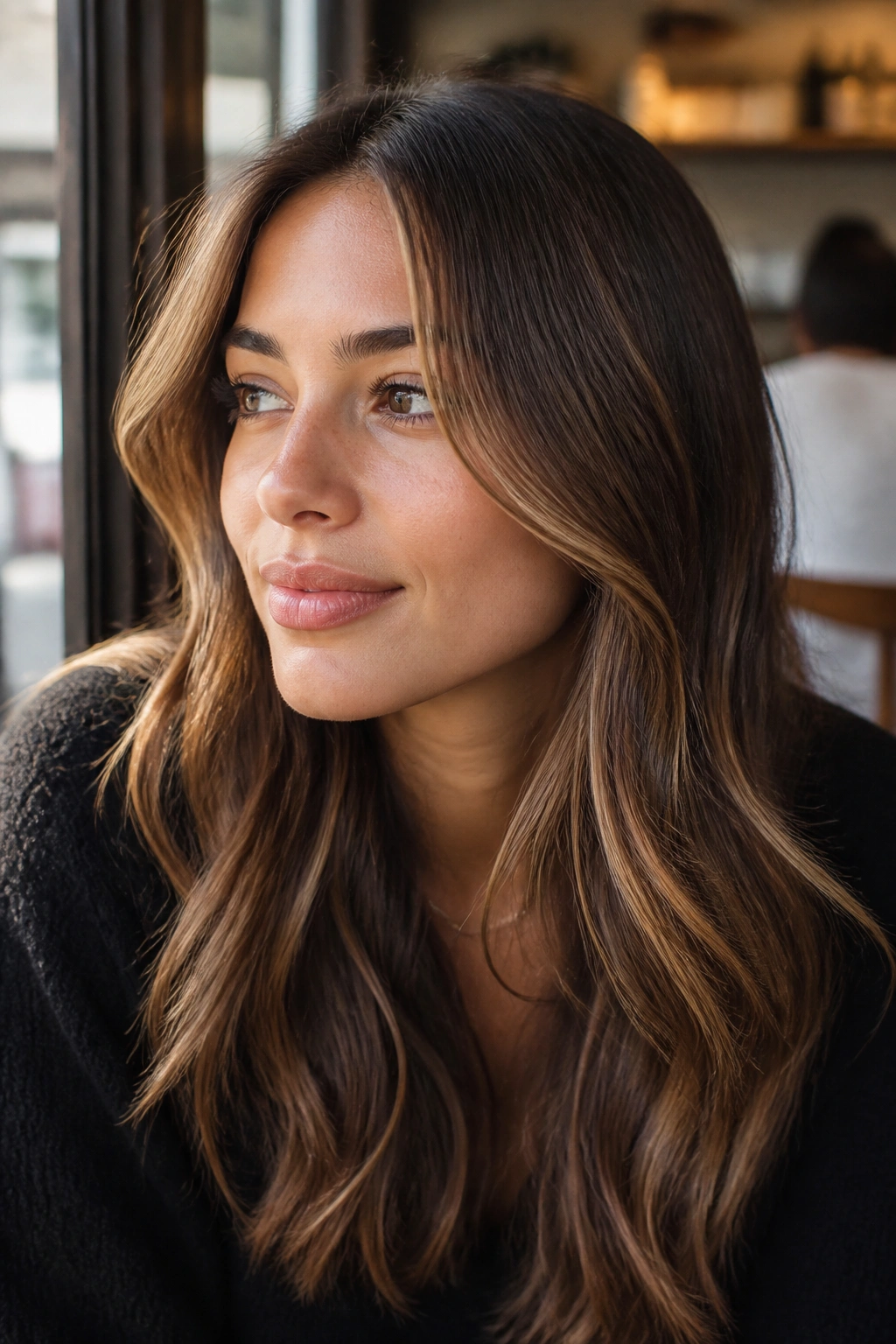Close-up of face-framing bronde balayage on brown hair.