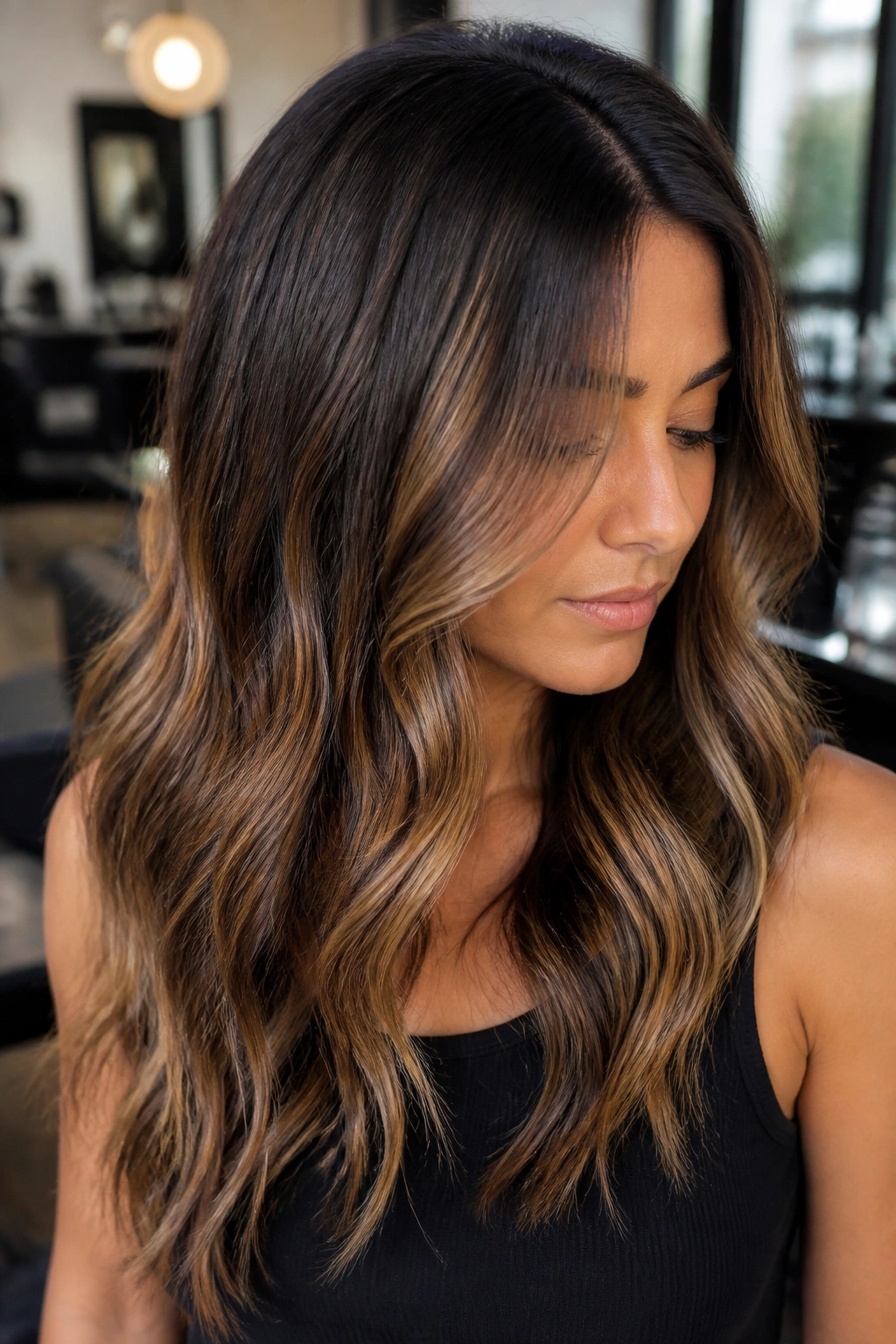 Close-up portrait of a real woman with honey beige bronde balayage on dark brown hair