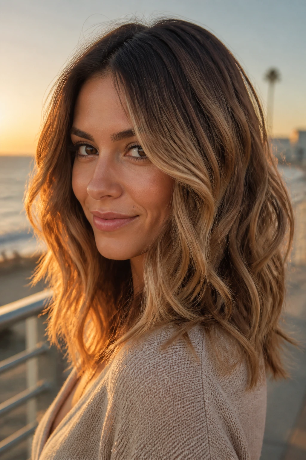 Close-up of a real woman with bronde balayage and wavy hair.