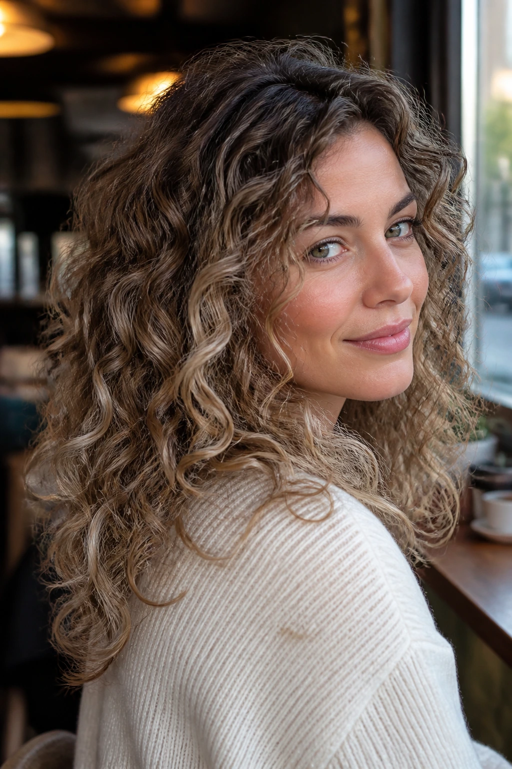 Bronde balayage with root smudge on low-contrast curls
