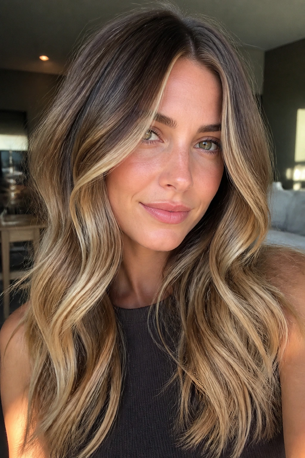 Close-up of a real woman with bronde balayage hair in natural daylight