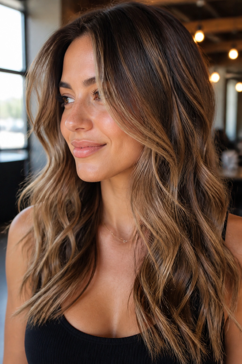 Close-up of a real woman with bronde balayage and barely-there highlights in a warm salon.