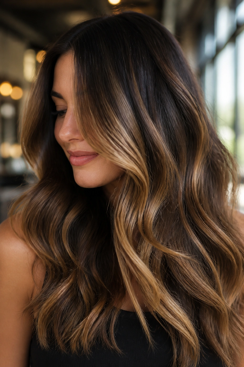 Close-up of long waves with bronde balayage following the hair's bend