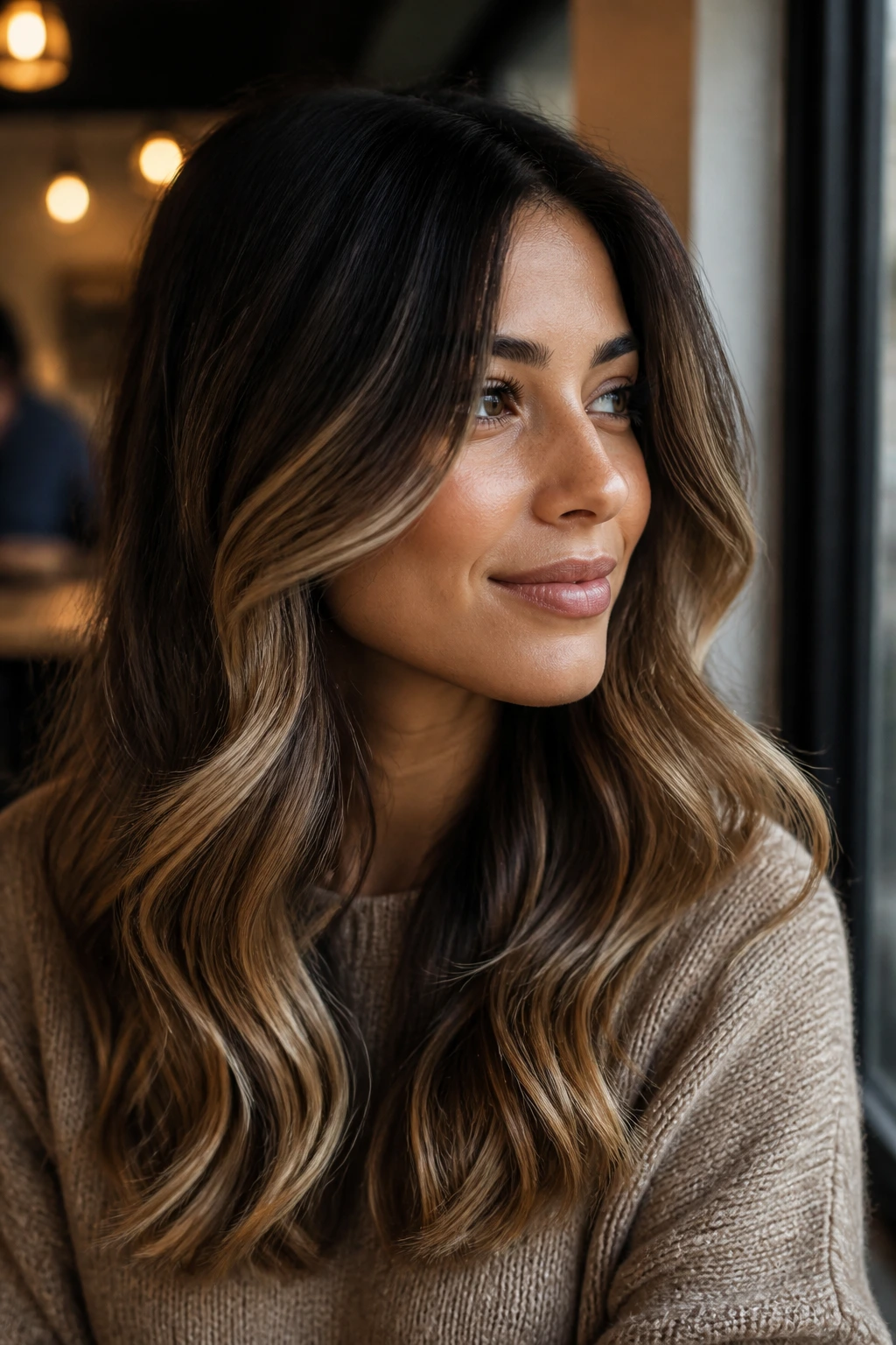 Real woman with bronde balayage and soft contrast in wavy hair at cafe window light