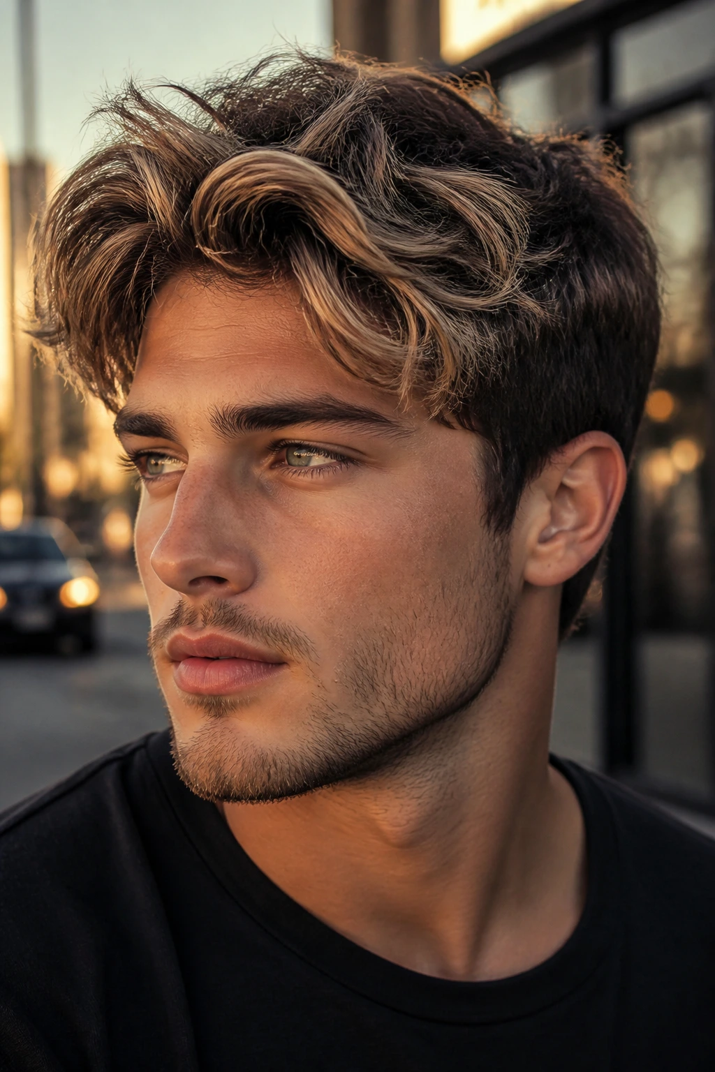 Man with bronde hair color blending brown and blonde with depth.