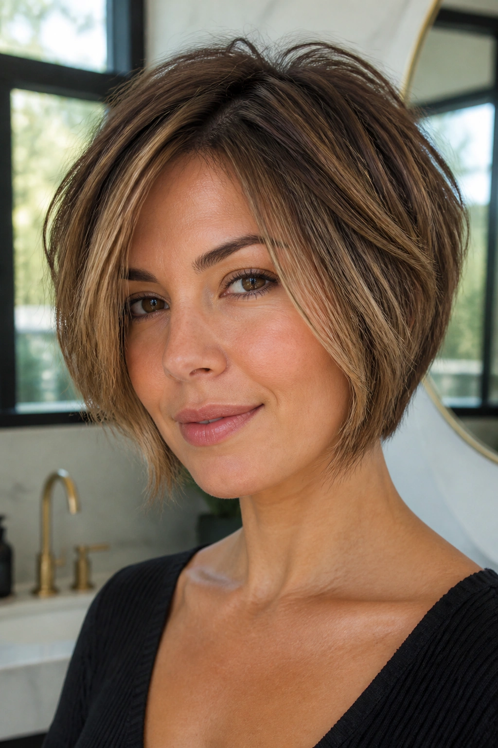 Close-up of bronde blend on a short haircut highlighting cheek-to-jaw contour.