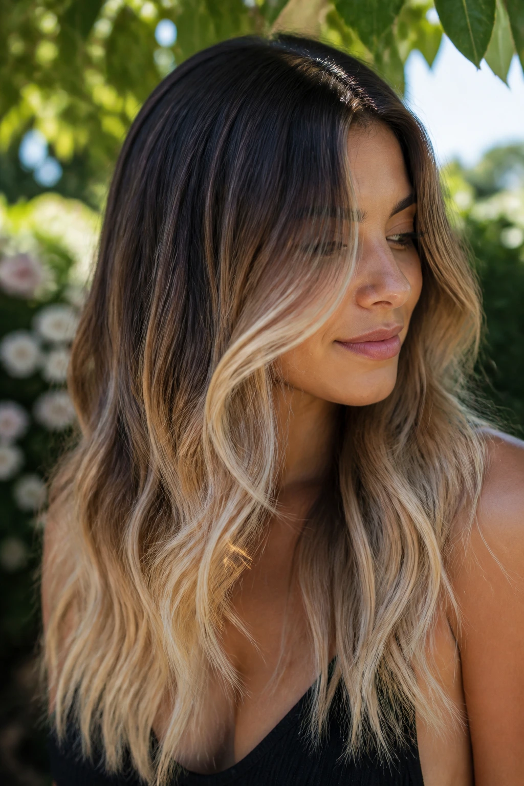 Close-up of a real woman with bronde to blonde cascade and color-separated layers