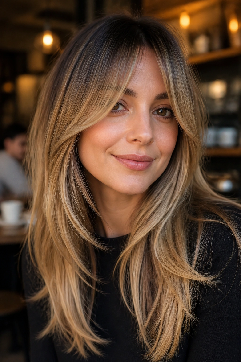 Portrait of a woman with long layered bangs bronde-to-blonde melt