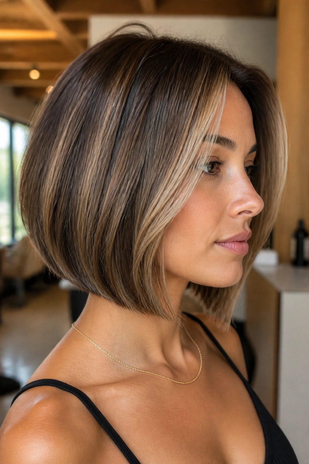 Close-up of bronde bob with tapered ends and front ribbons