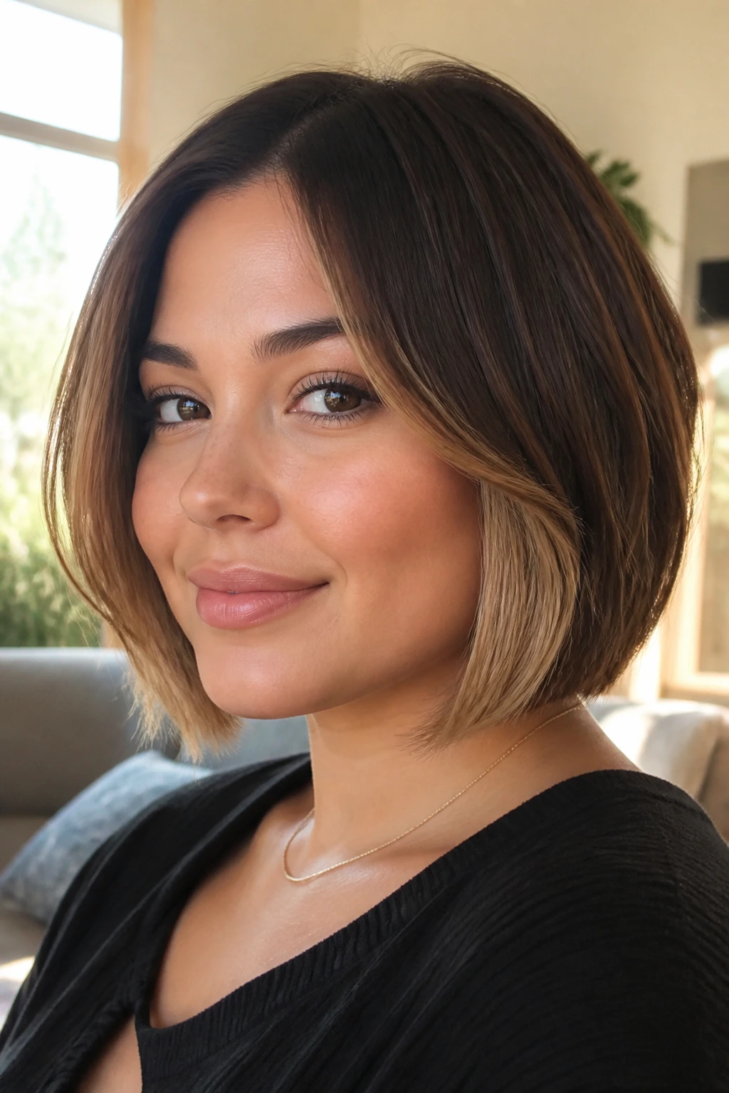 Close-up portrait of a real woman with bronde bob and underlayer lightness.