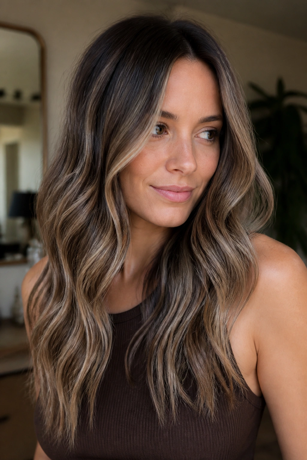 Close-up of a real woman's hair in bronde brown with fine babylights, natural light