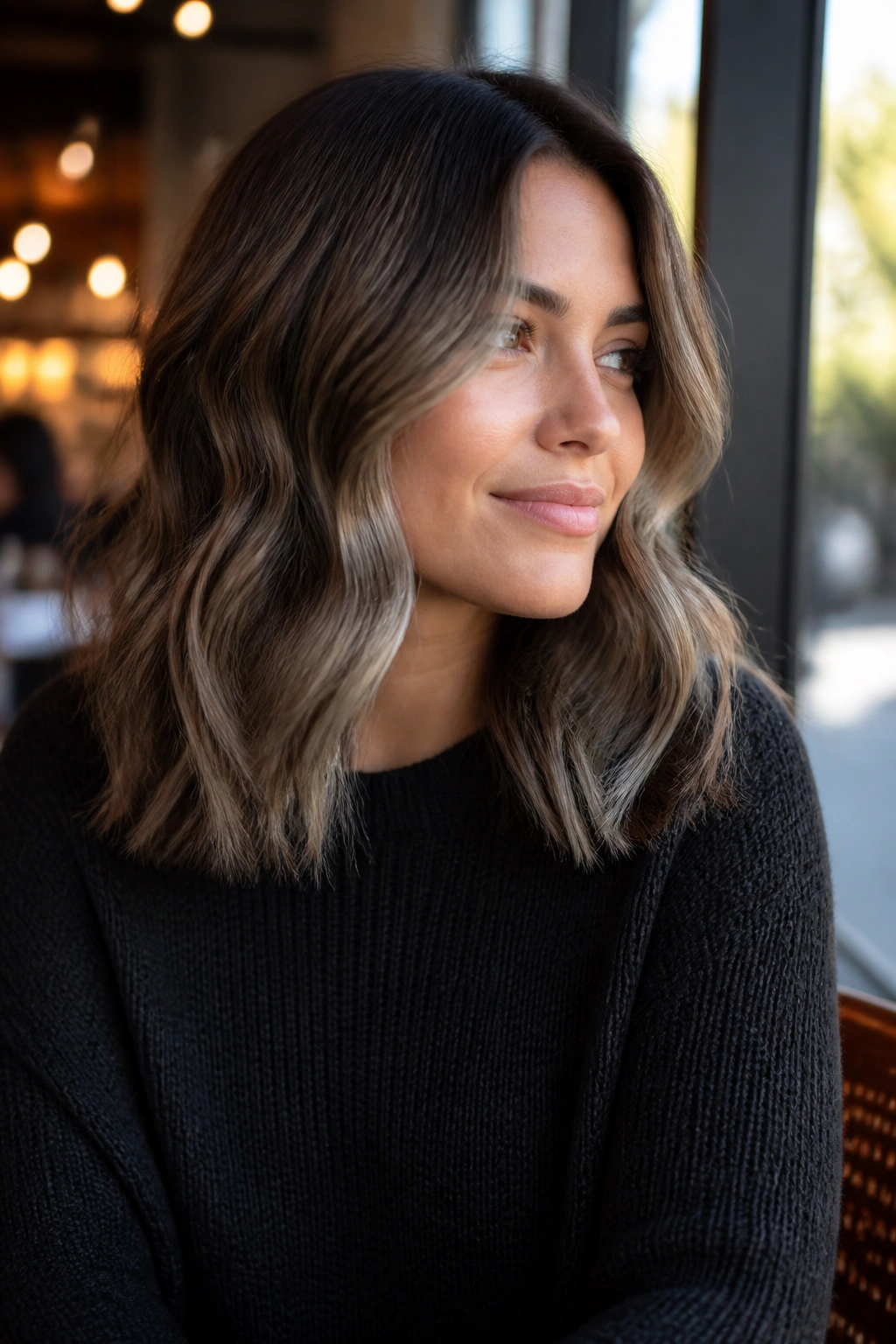 Portrait of a woman with bronde brown hair and pewter tips in loose waves.