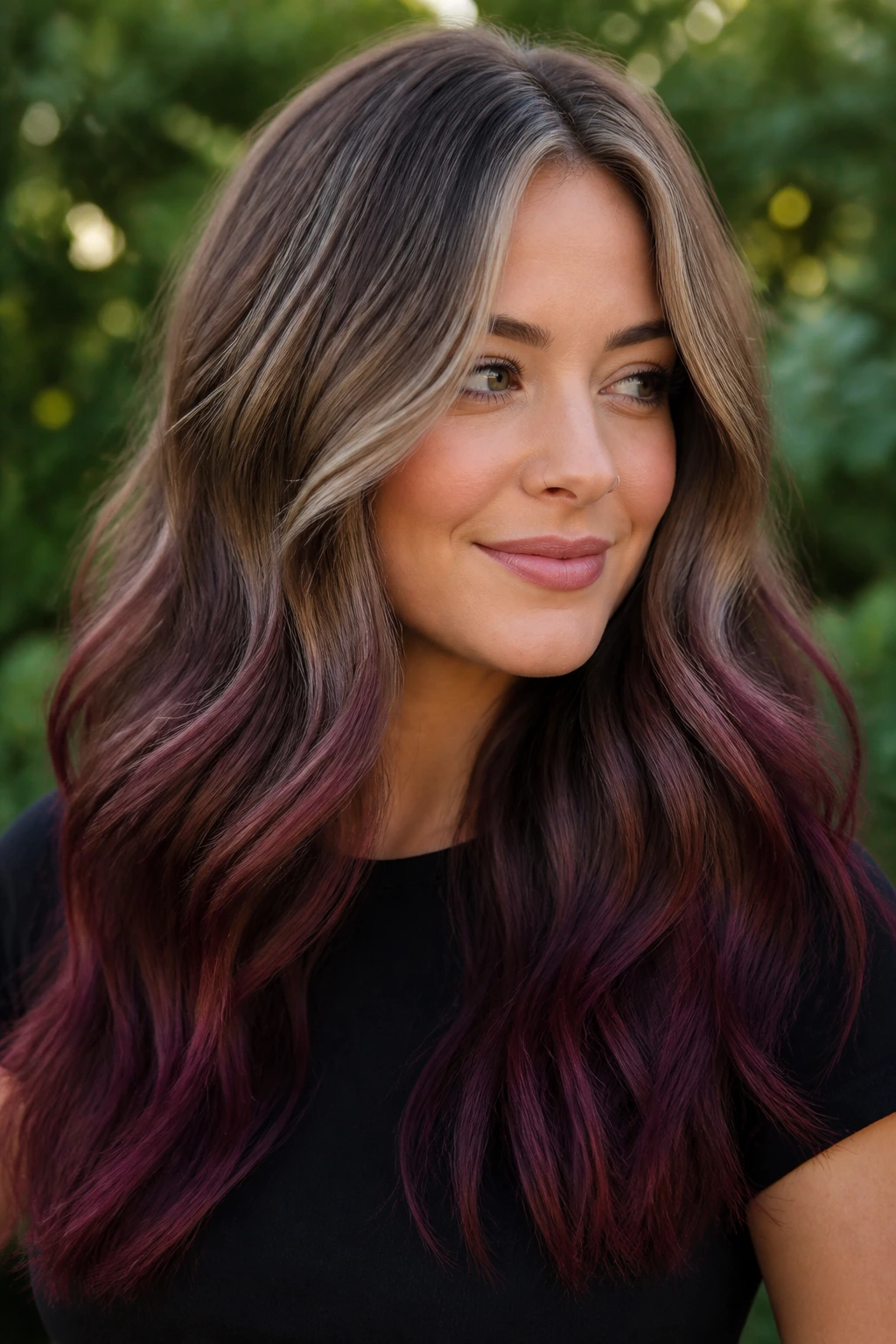Real woman with bronde base and burgundy melt