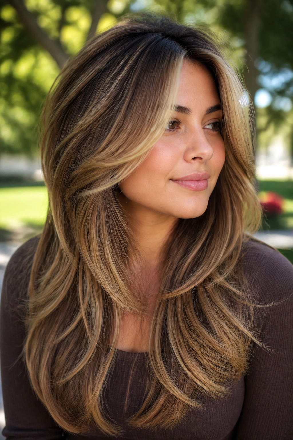 Real person with bronde butterfly layers and a soft money piece framing the face