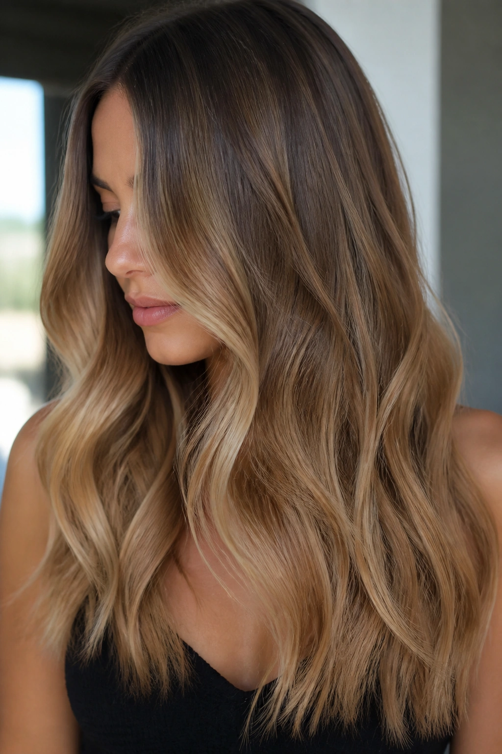 Portrait of bronde-to-caramel hair blend