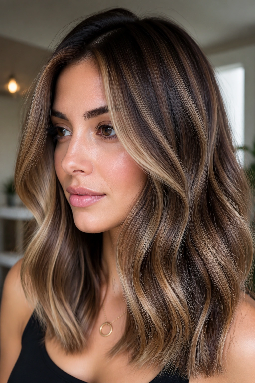 Bronde chocolate slices on brunette hair with face-front highlights