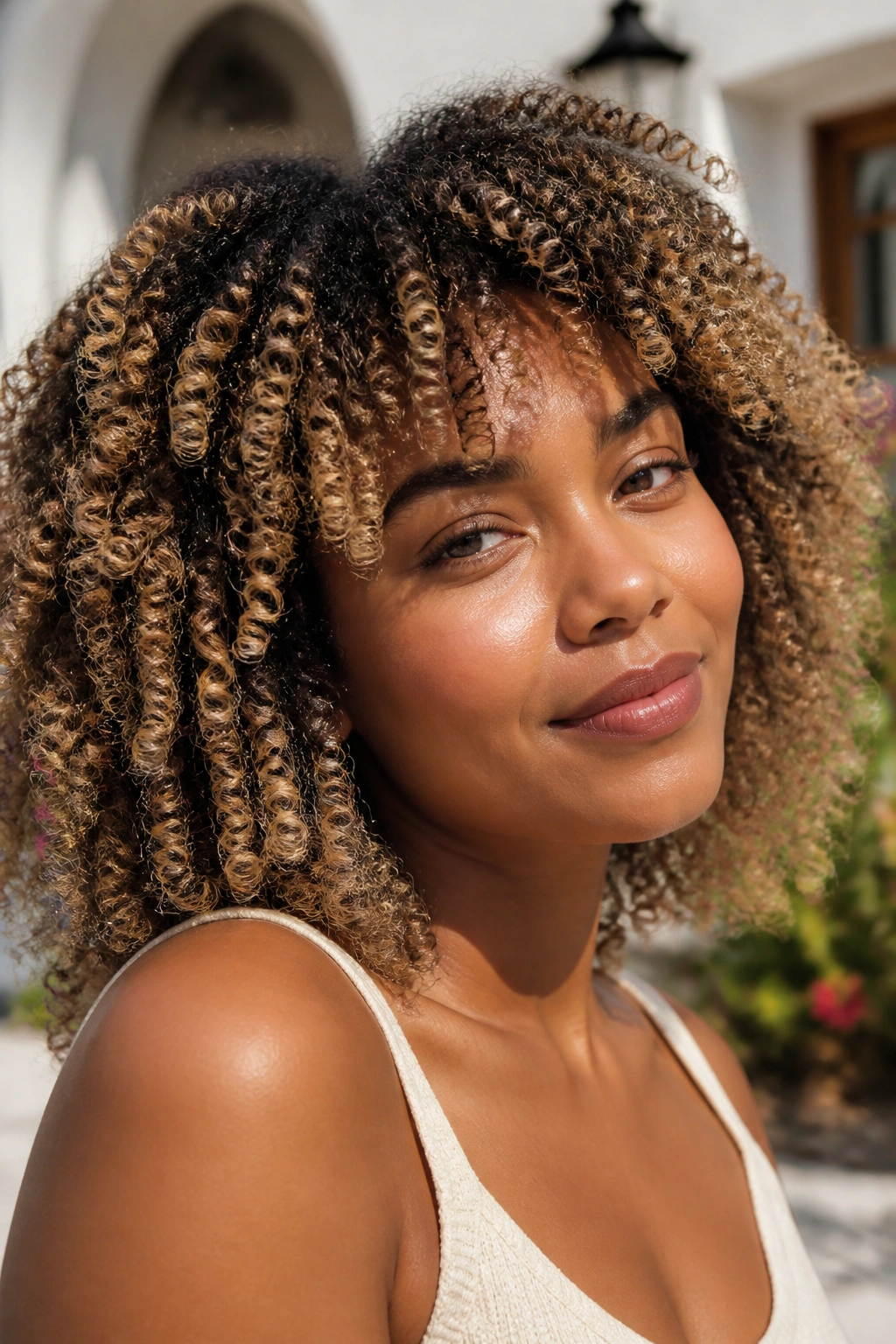 Close-up of a real person with bronde coils on natural curls