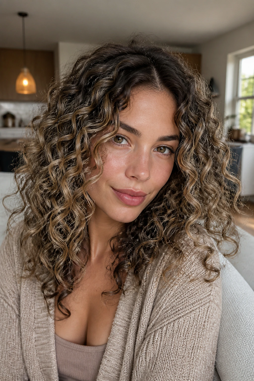 Close-up portrait of curly-haired woman with smoke and beige bronde highlighting around face and crown