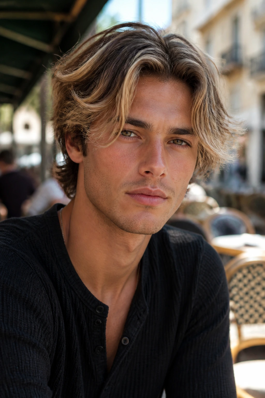 Man with bronde hair and face-framing blonde pieces portrait