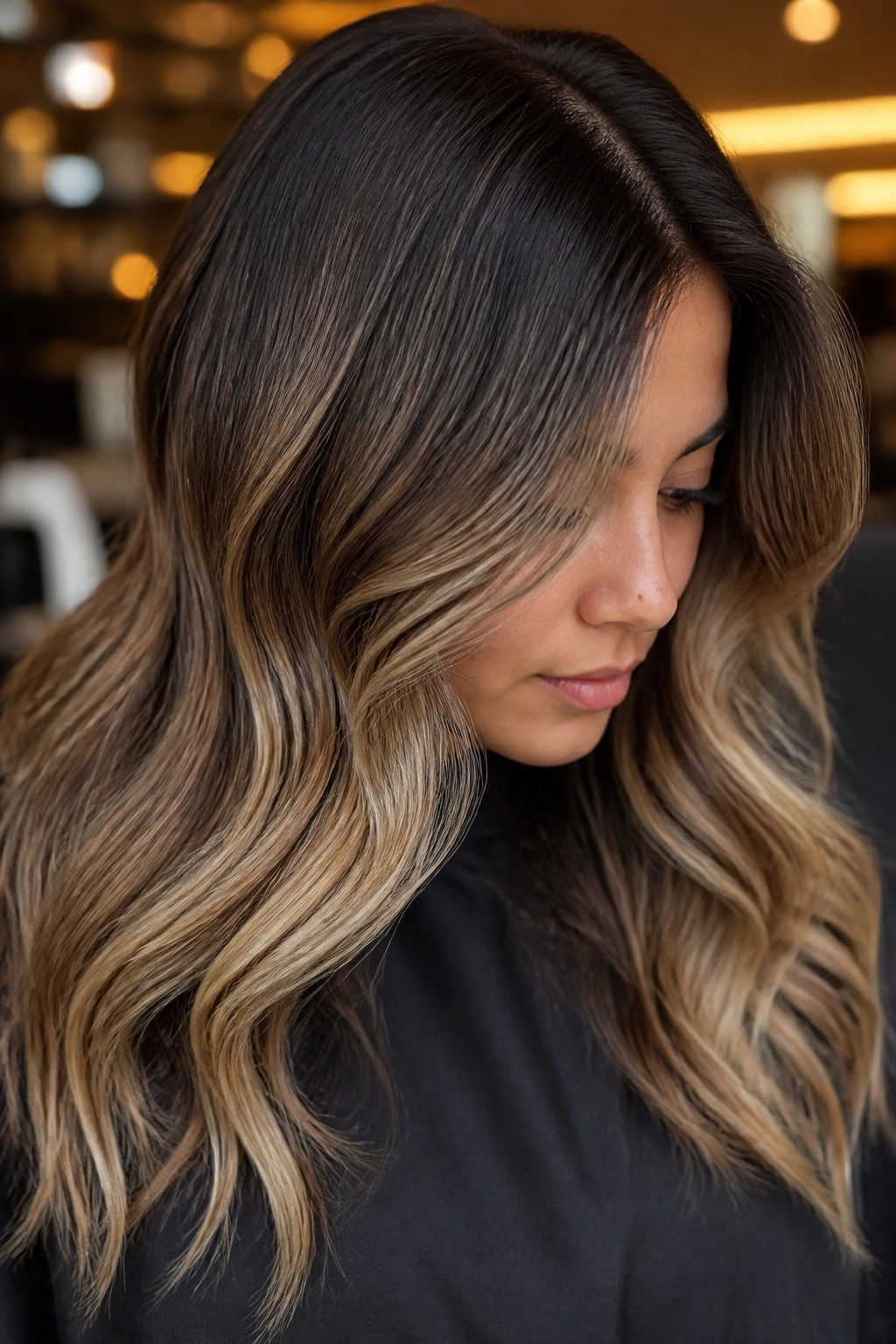 Close-up portrait of a real woman with bronde glaze and smoky roots.