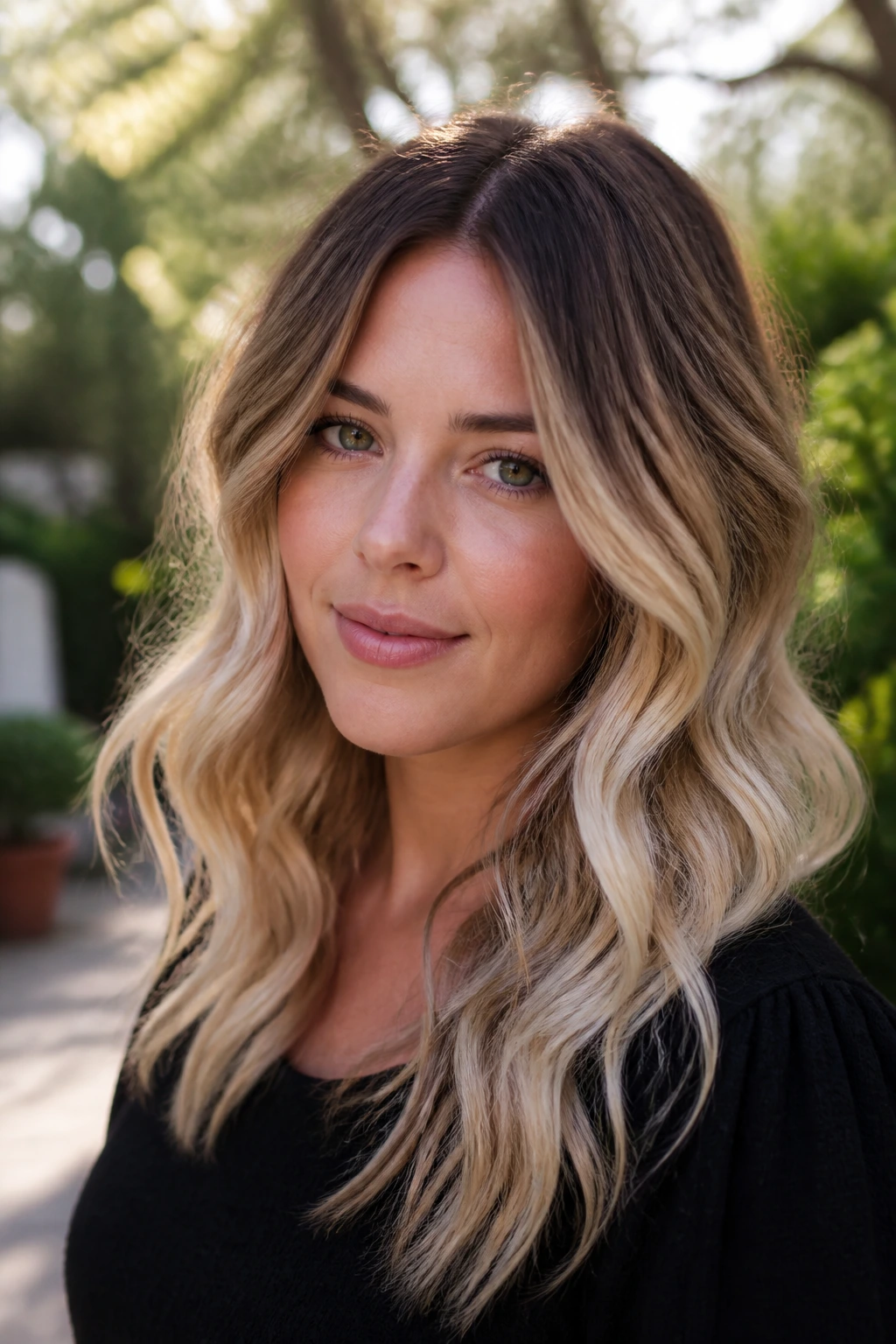 Real woman with bronde-to-blonde gradient in wavy hair