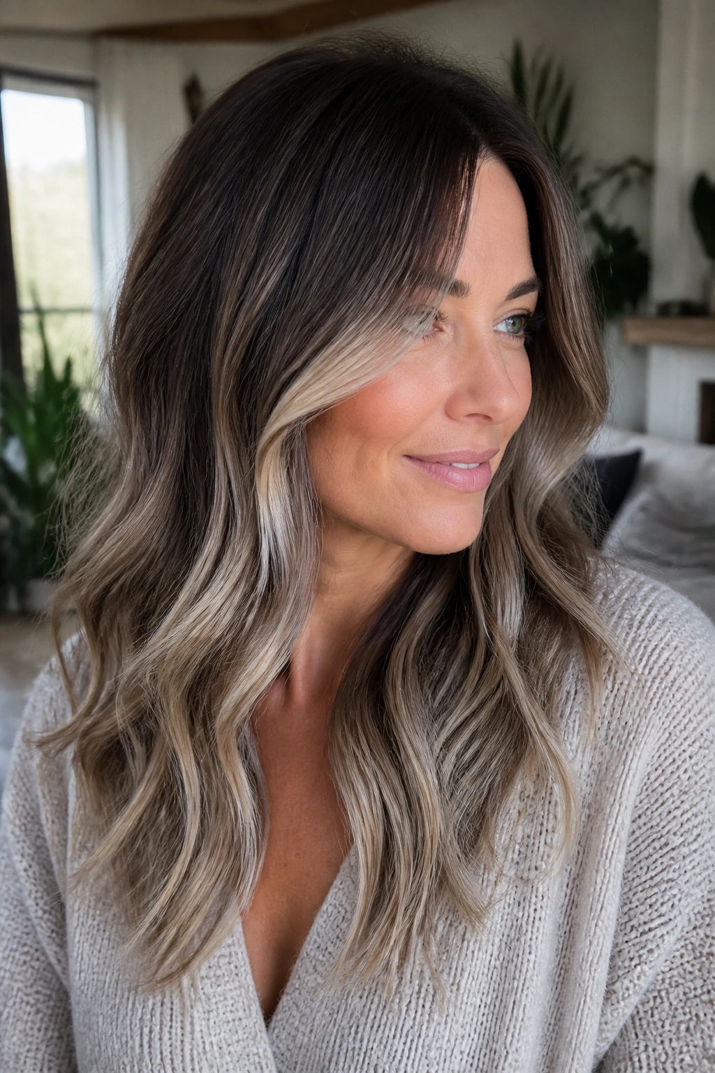 Close-up portrait of a real woman showing bronde to grey transition on brown hair