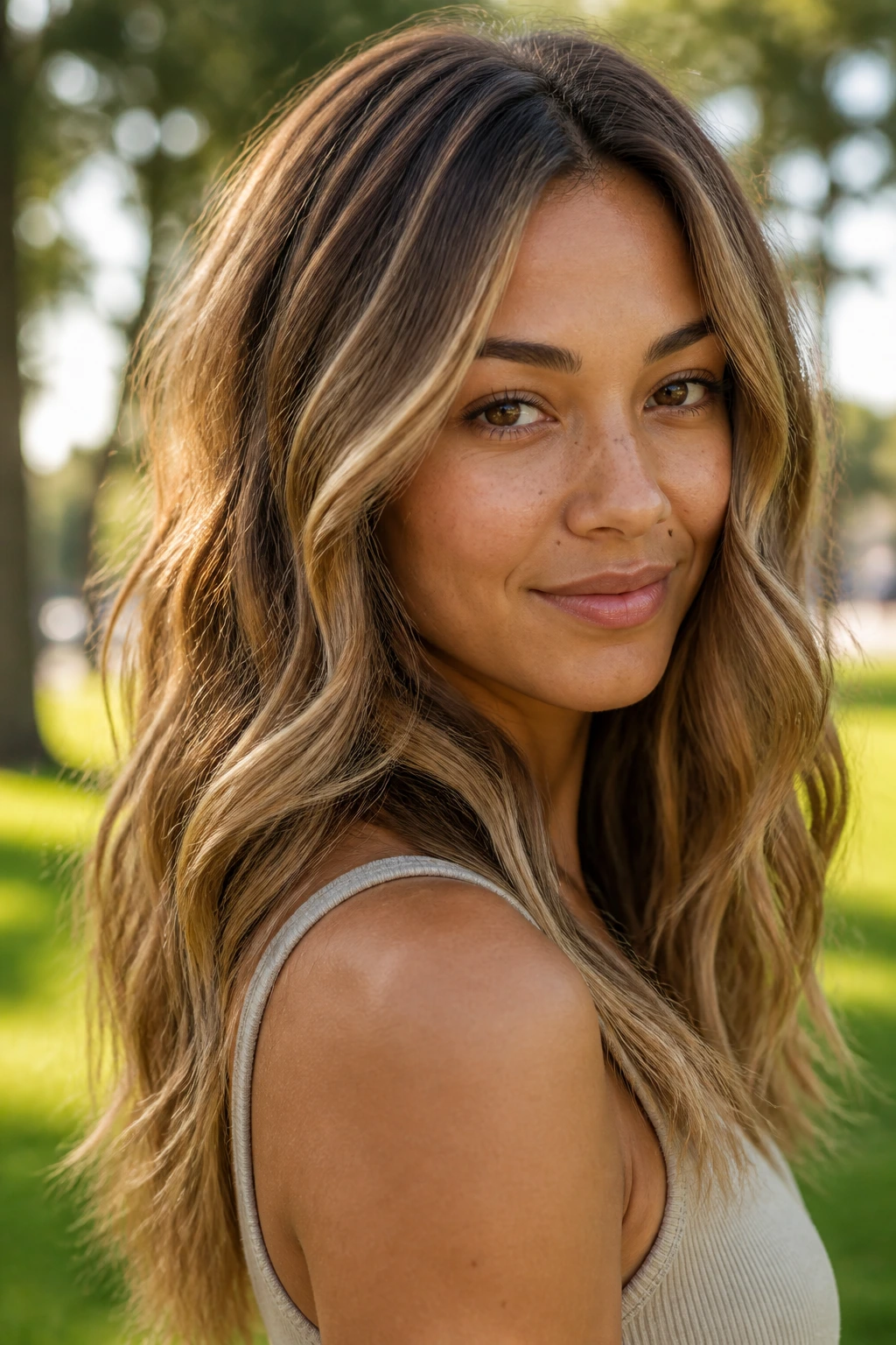 Close-up of a real person with bronde hair blending brown and blonde in natural light.