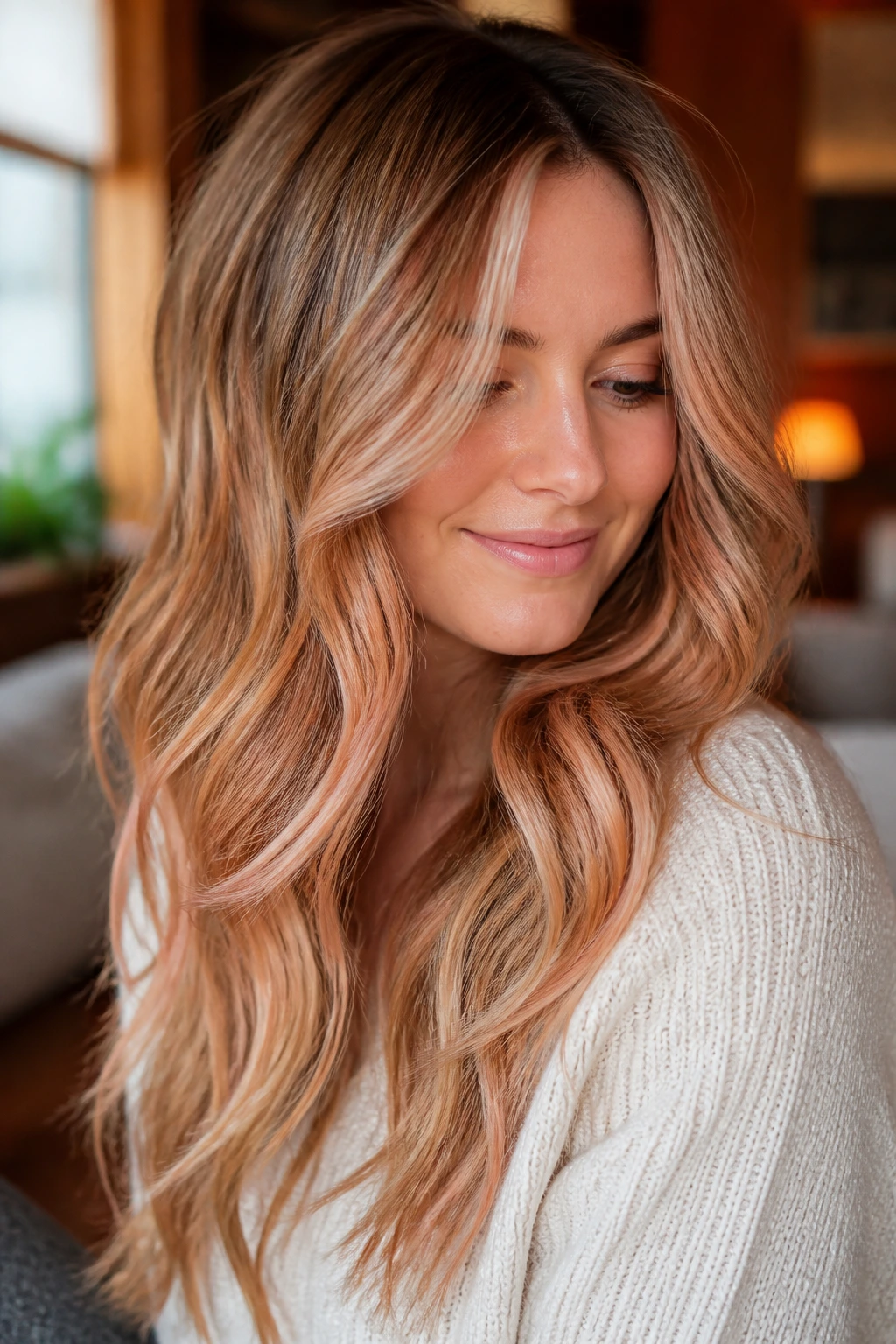 Long layered hair with strawberry bronde blend, beige-brown base and subtle strawberry flush.