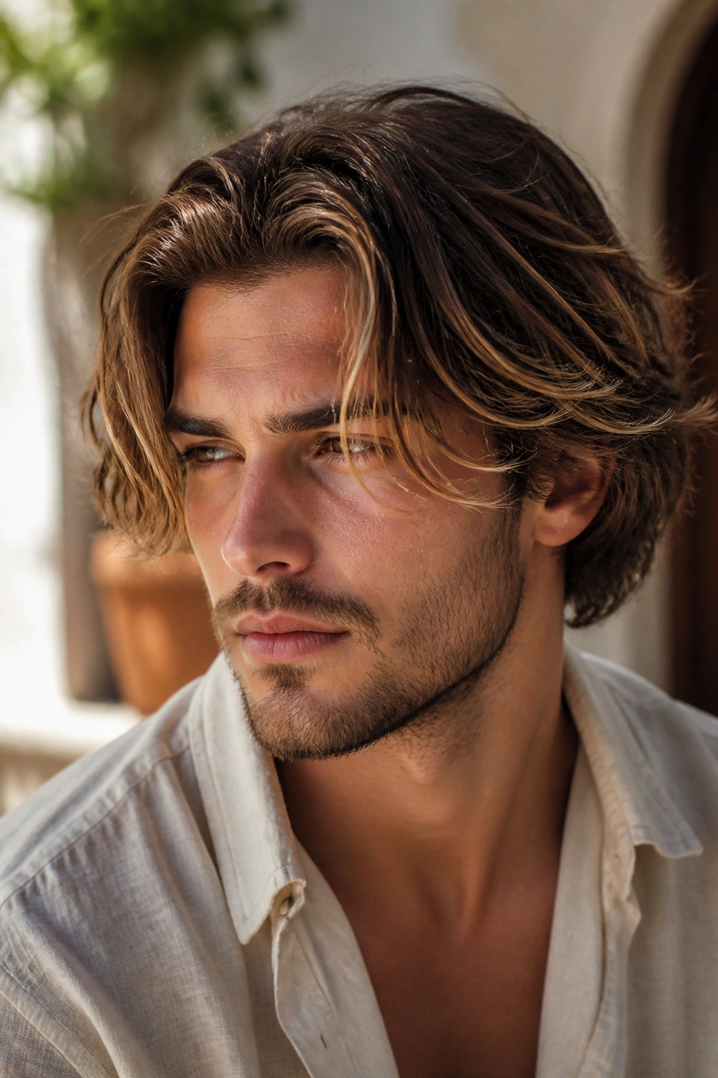 Close-up of a man with bronde highlights in medium-length hair outdoors
