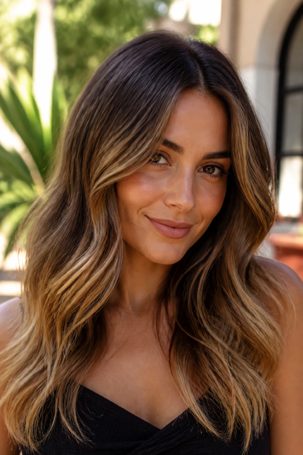 Close-up portrait of a real woman with bronde hair and honey ends in daylight