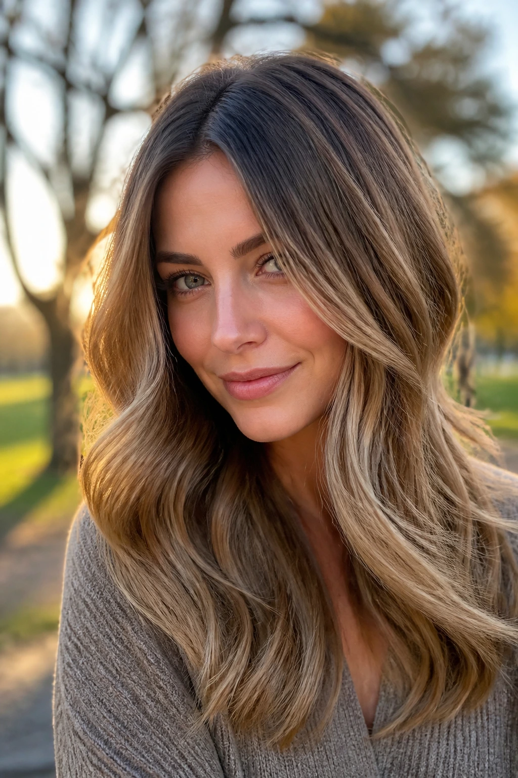 Close-up portrait of a real woman with bronde honey melt for cool skin tones