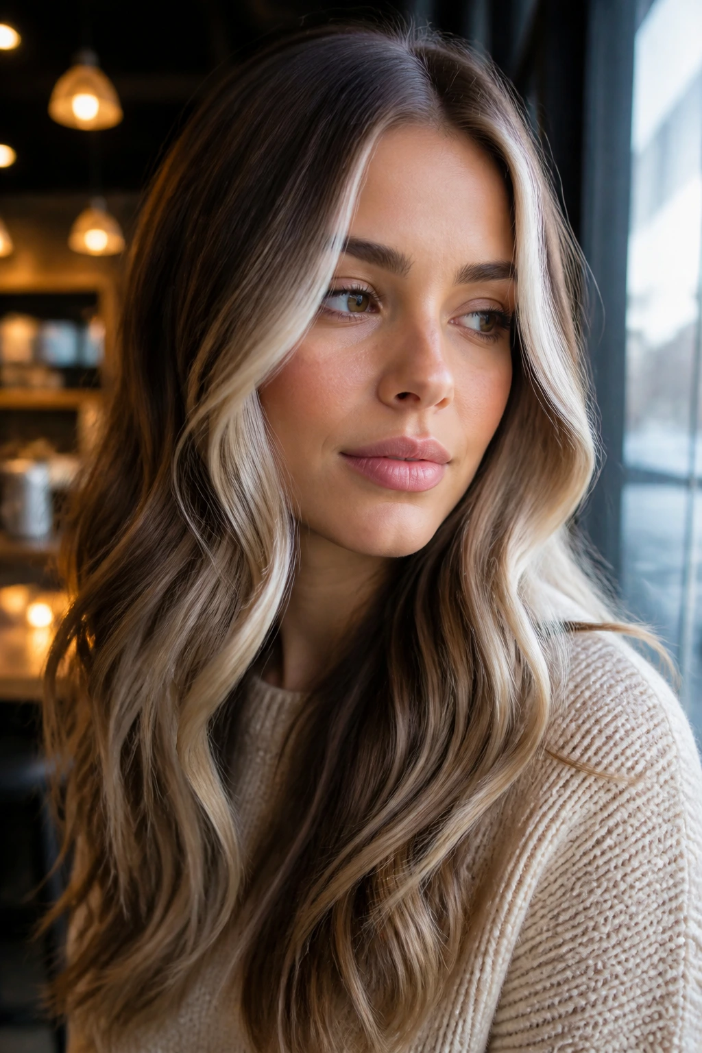 Woman with bronde base and icy face-framing ribbons hairstyle.