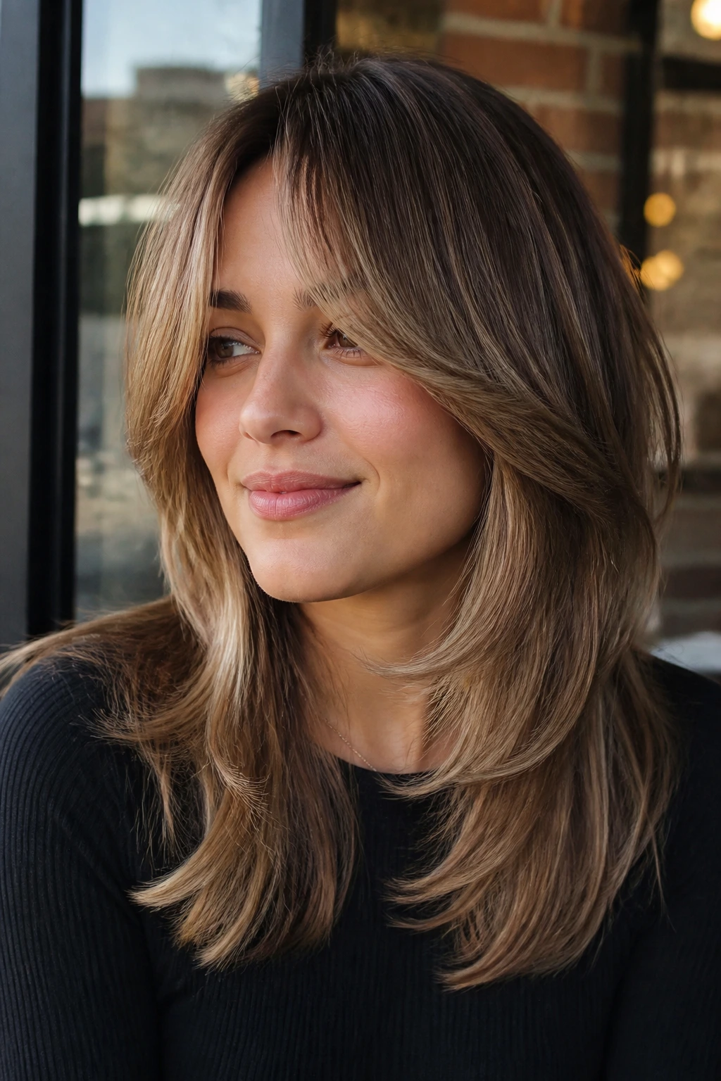 Close-up portrait of a real woman with bronde layered hair and curtain fringe