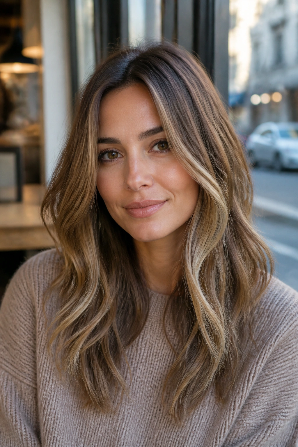 Close-up of a real woman with bronde lived-in highlights and soft movement
