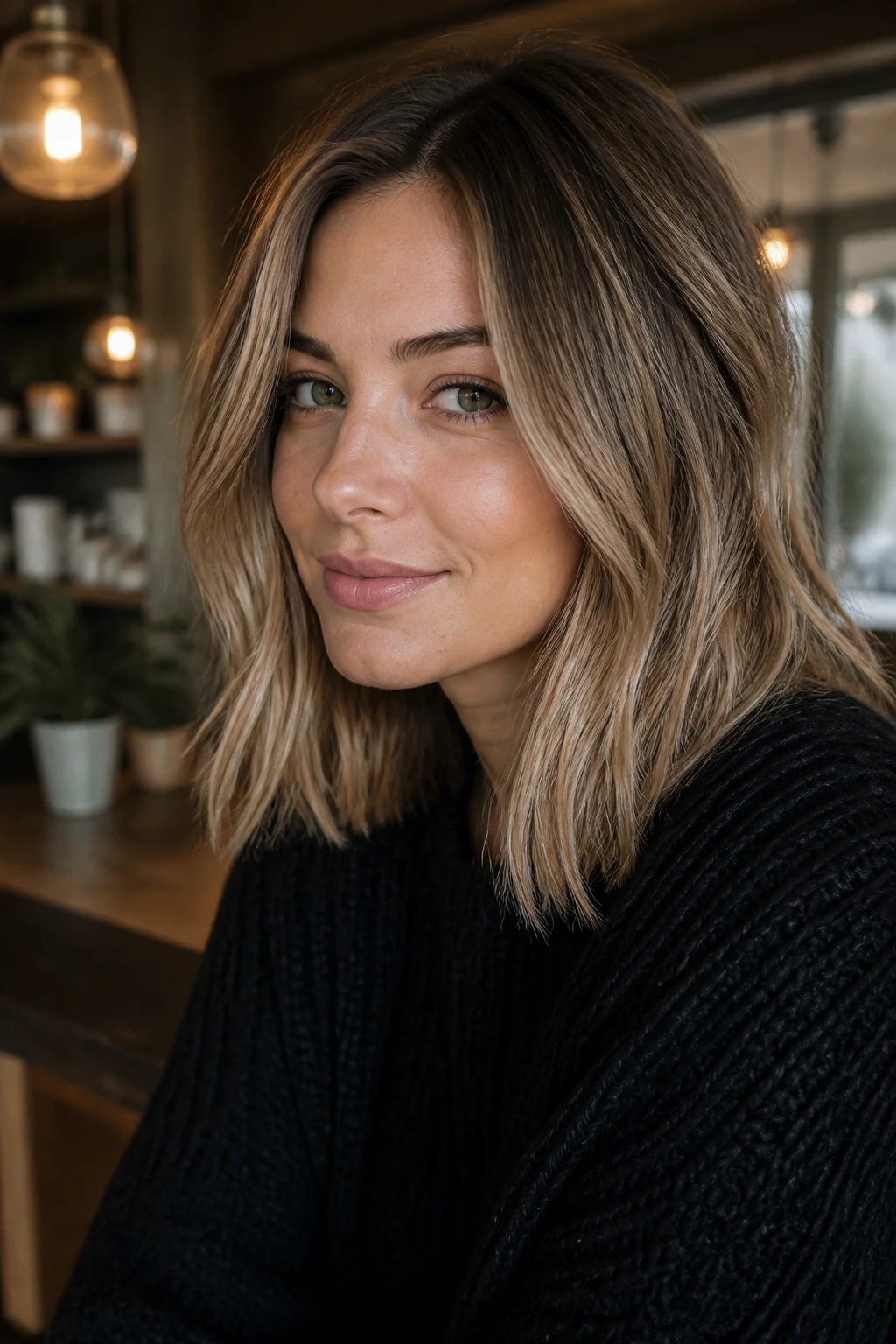 Portrait of real woman with bronde lived-in lob showing multi-tone color and depth.