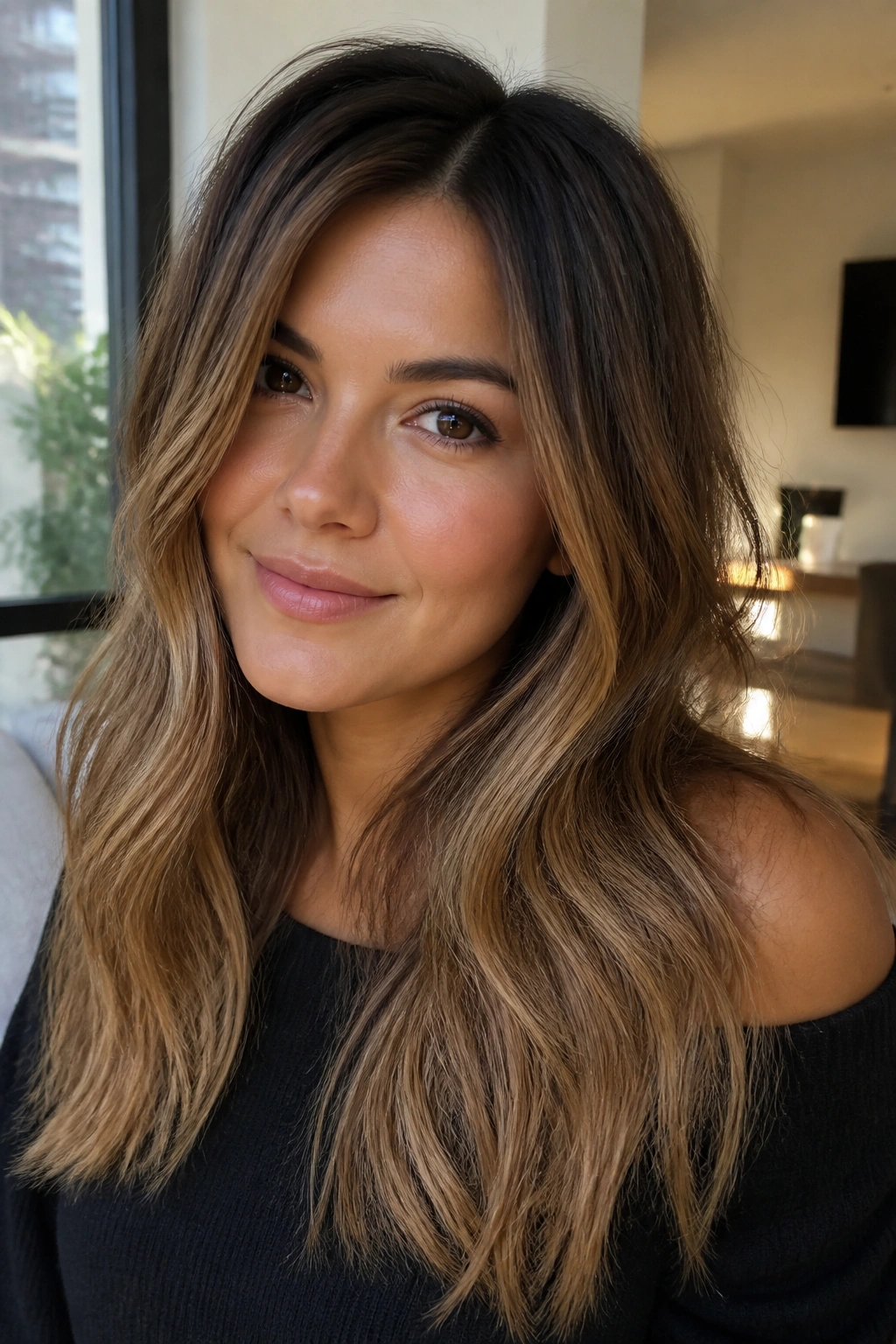 Real woman with bronde brown hair and lived-in roots