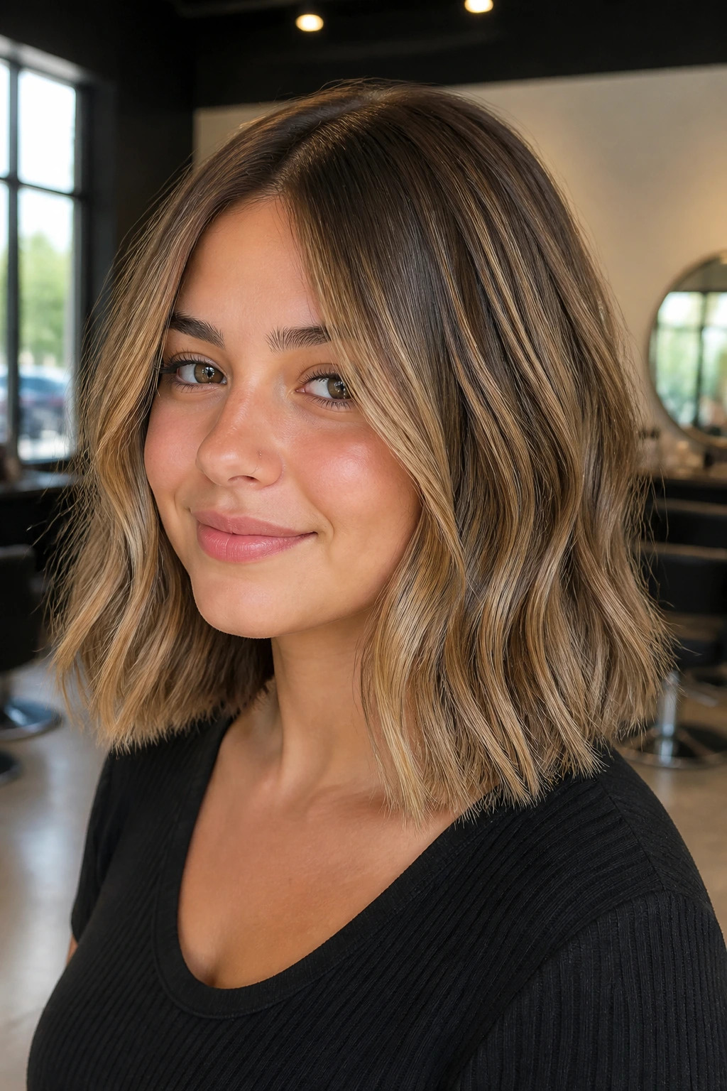 Close-up of a real woman with bronde lob and subtle baby lights blending into the base.