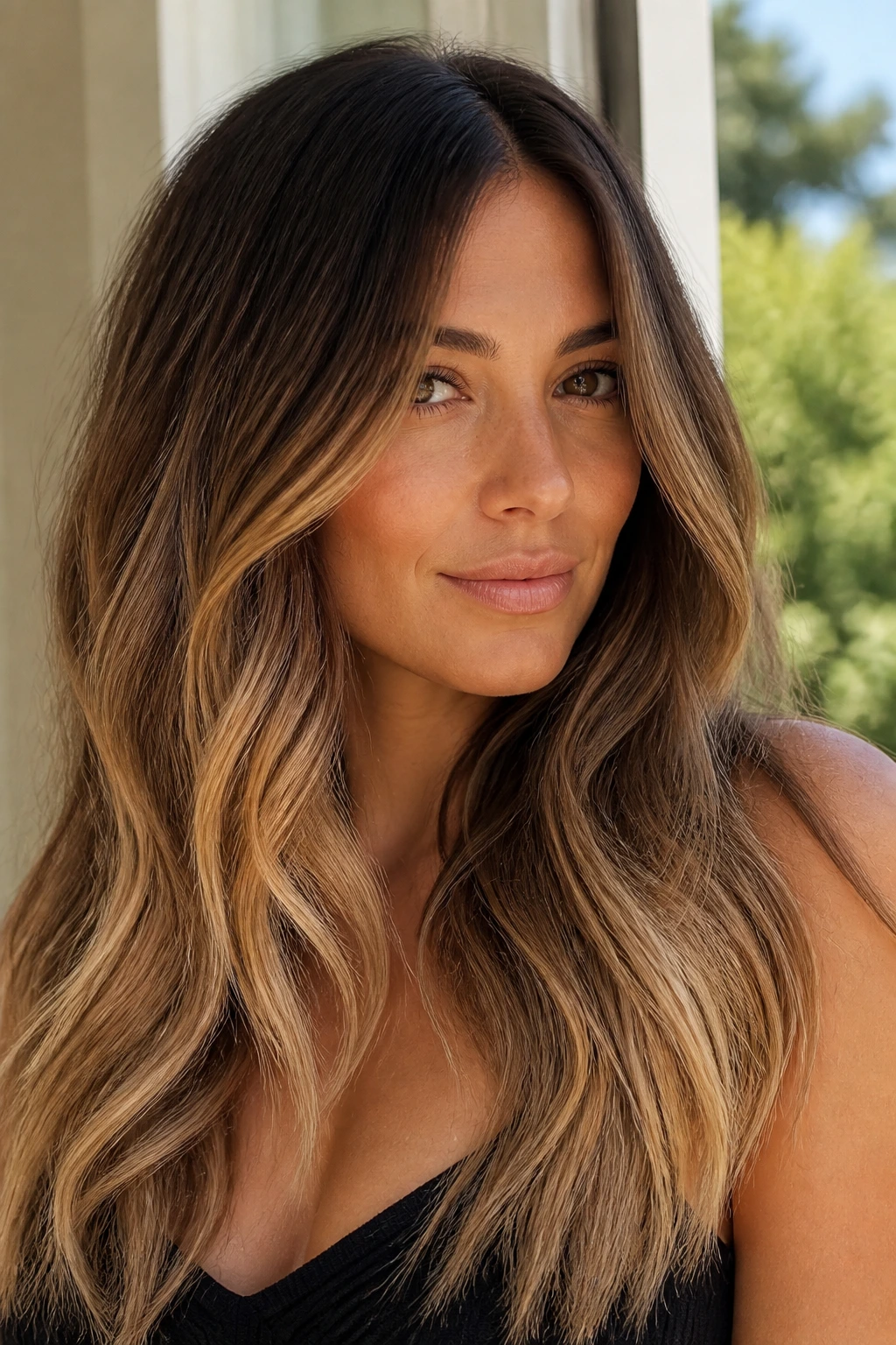 Close-up portrait of a real woman with a seamless bronde melt.