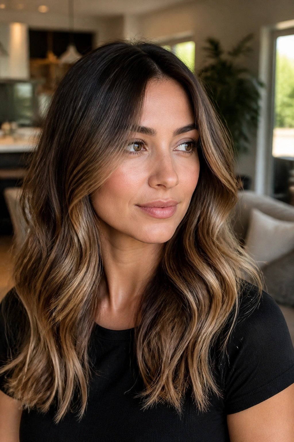 Close-up portrait of a real woman with brown-base bronde melt, dark roots and lighter ends, soft waves.