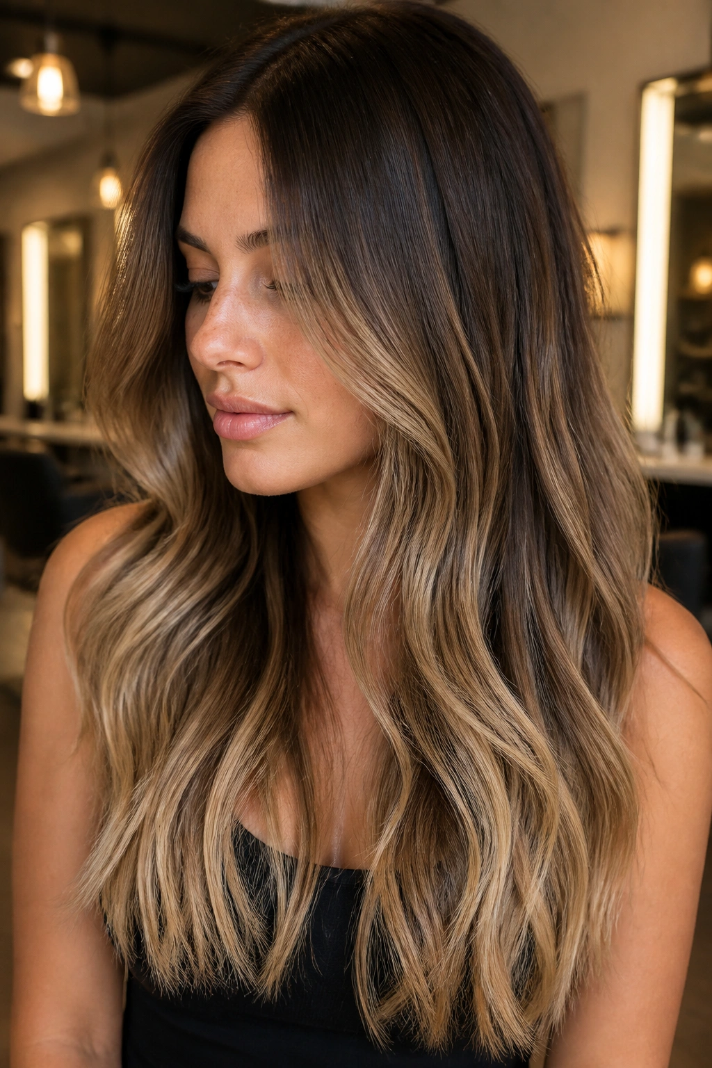 Long hair with seamless bronde melt from roots to ends