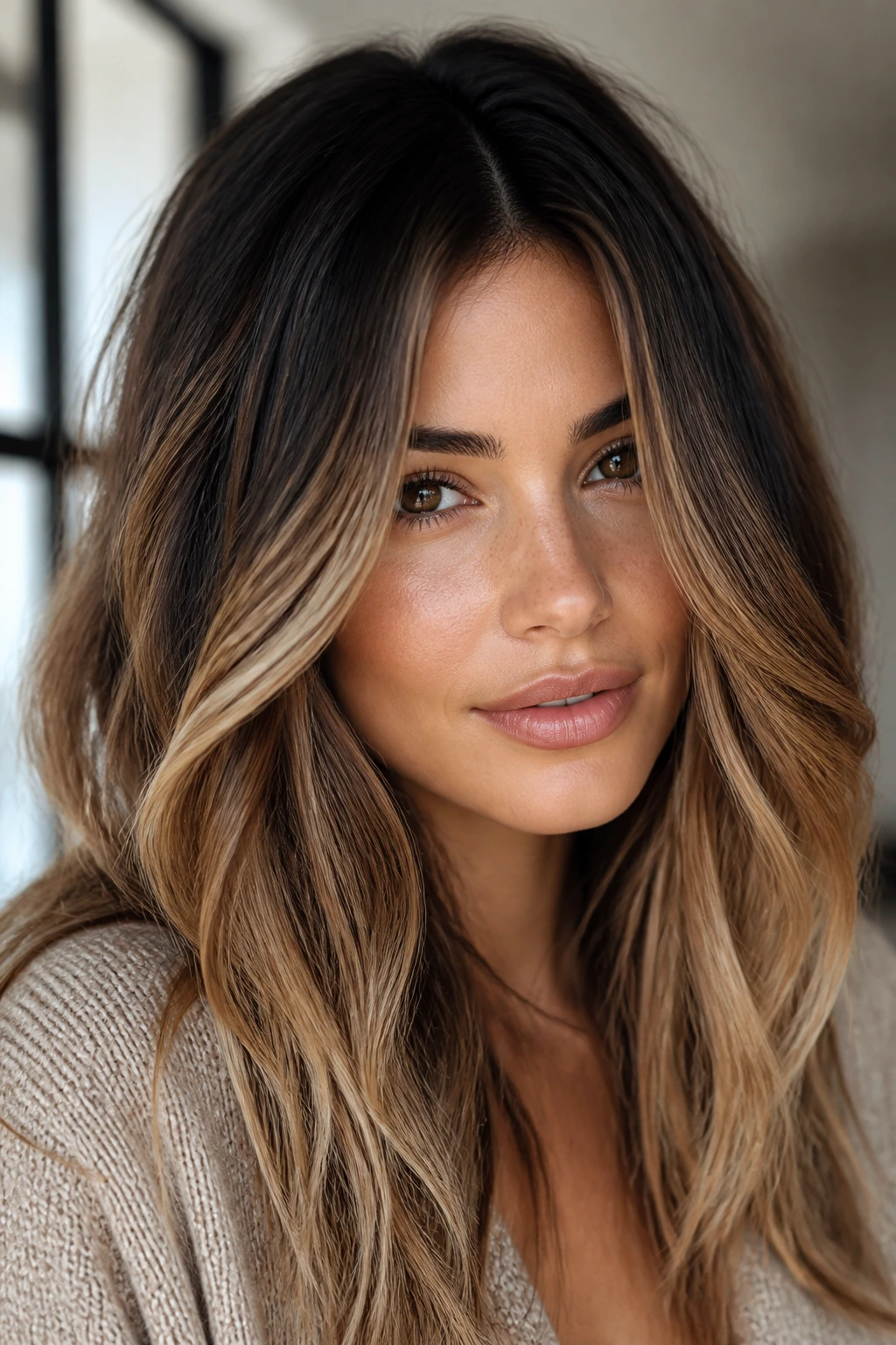 Portrait of a real woman with bronde melt and shadow root in soft window light