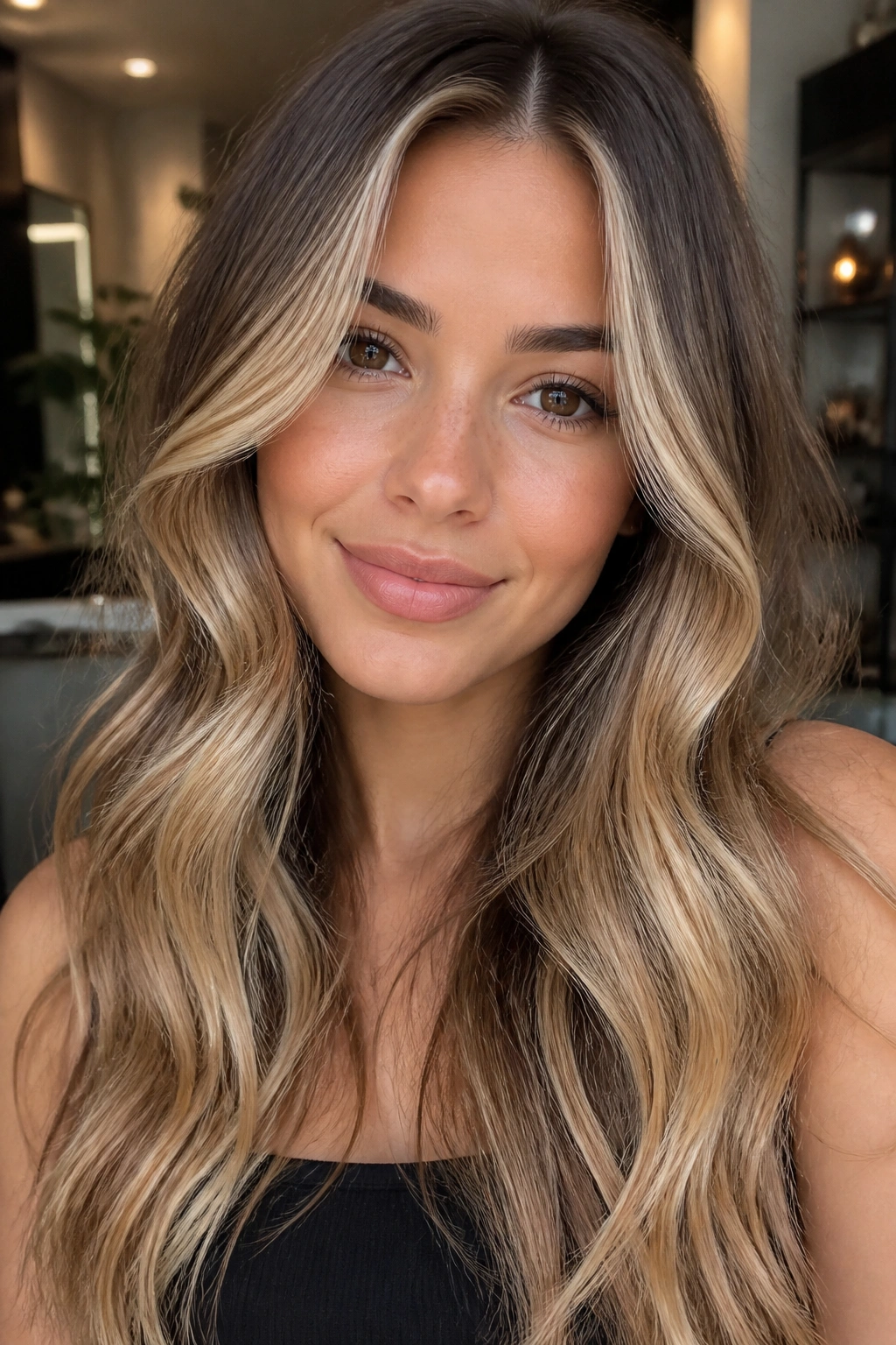 Real woman with bronde ombré and bright money pieces around the face