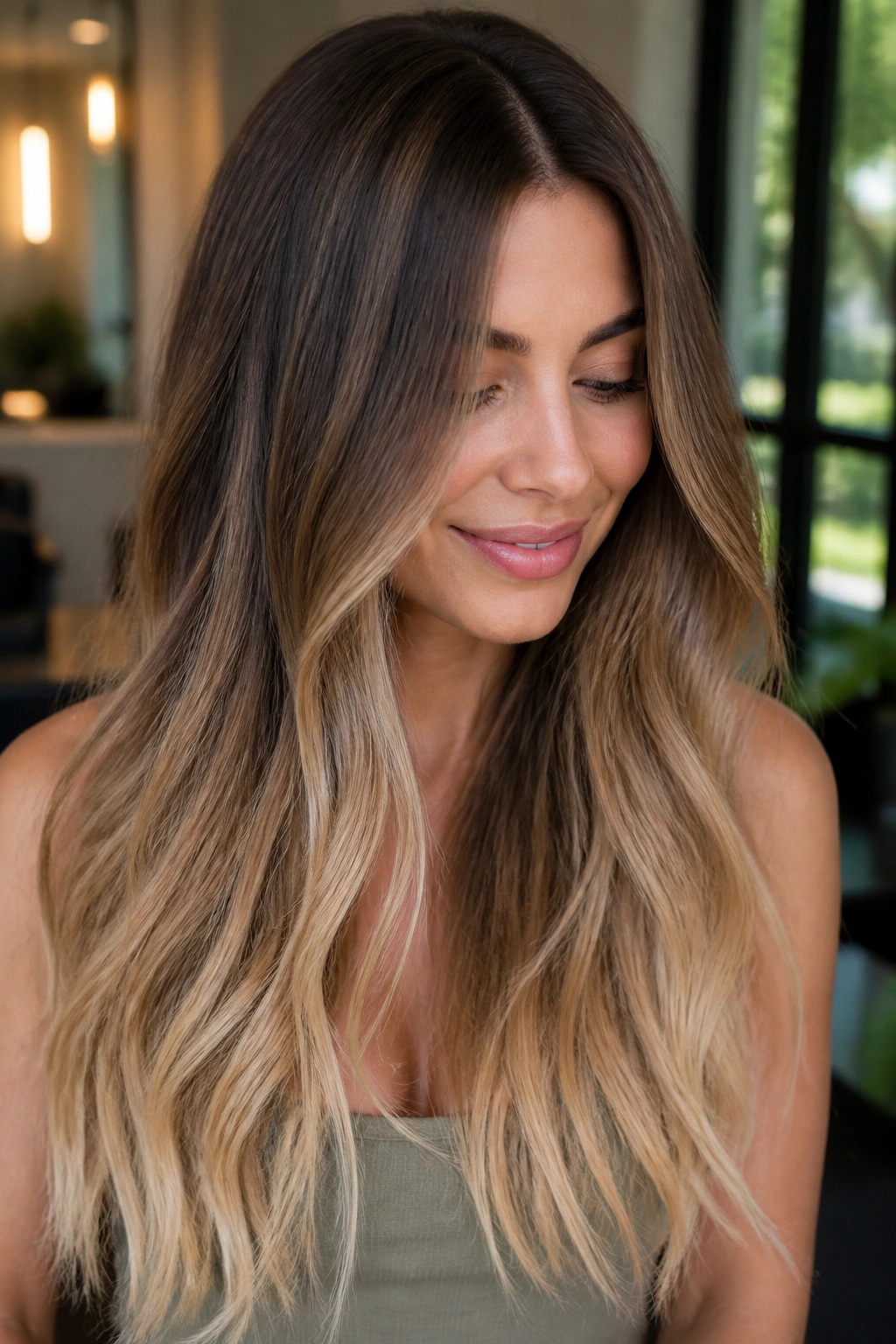 Close-up of a real woman's hair showing bronde roots fading to blond ends in warm salon light