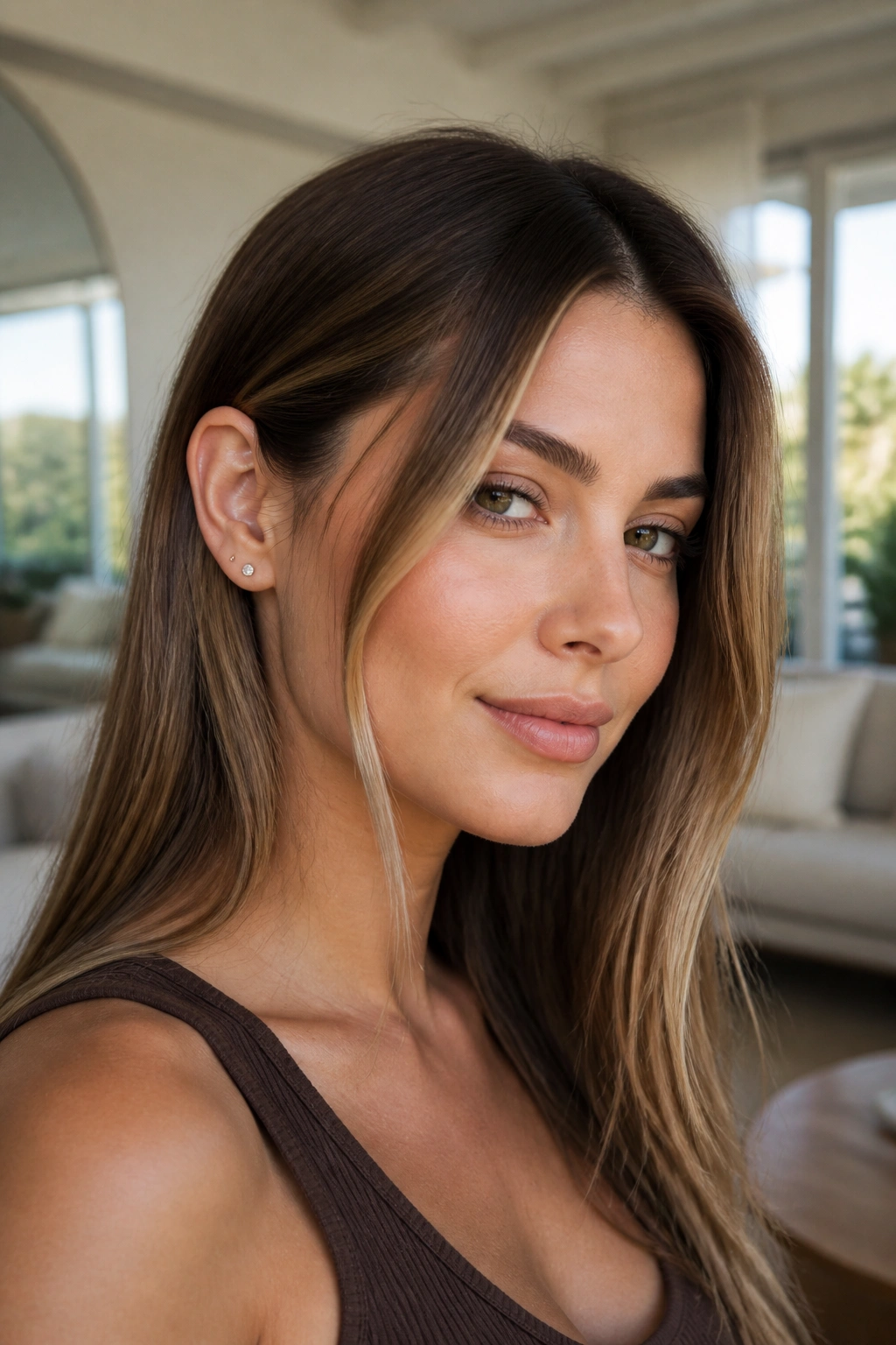 Close-up portrait of a real woman with bronde hair and face-framing ribbons