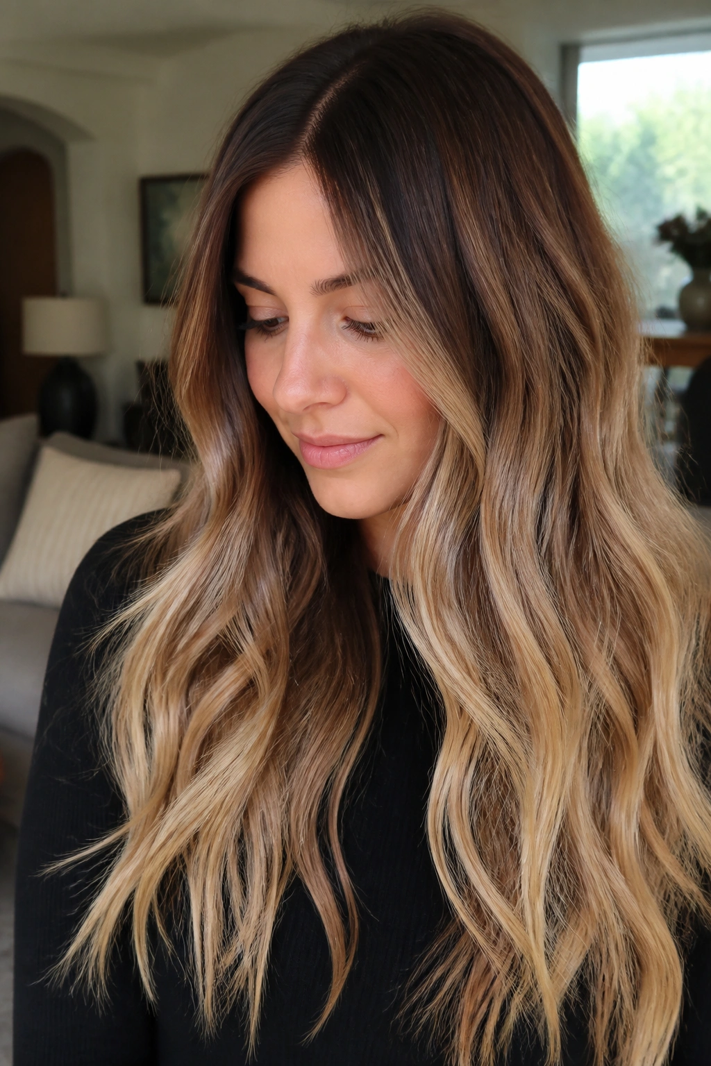 Close-up of bronde ombre with soft root melt on a real person