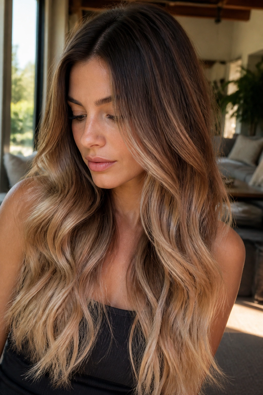 Close-up of Bronde Ombre with sunlit ends on a real woman hair portrait