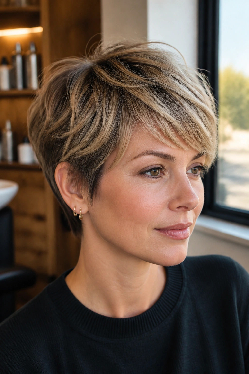 Real woman with bronde pixie and airy layers, crown lift captured in natural window light