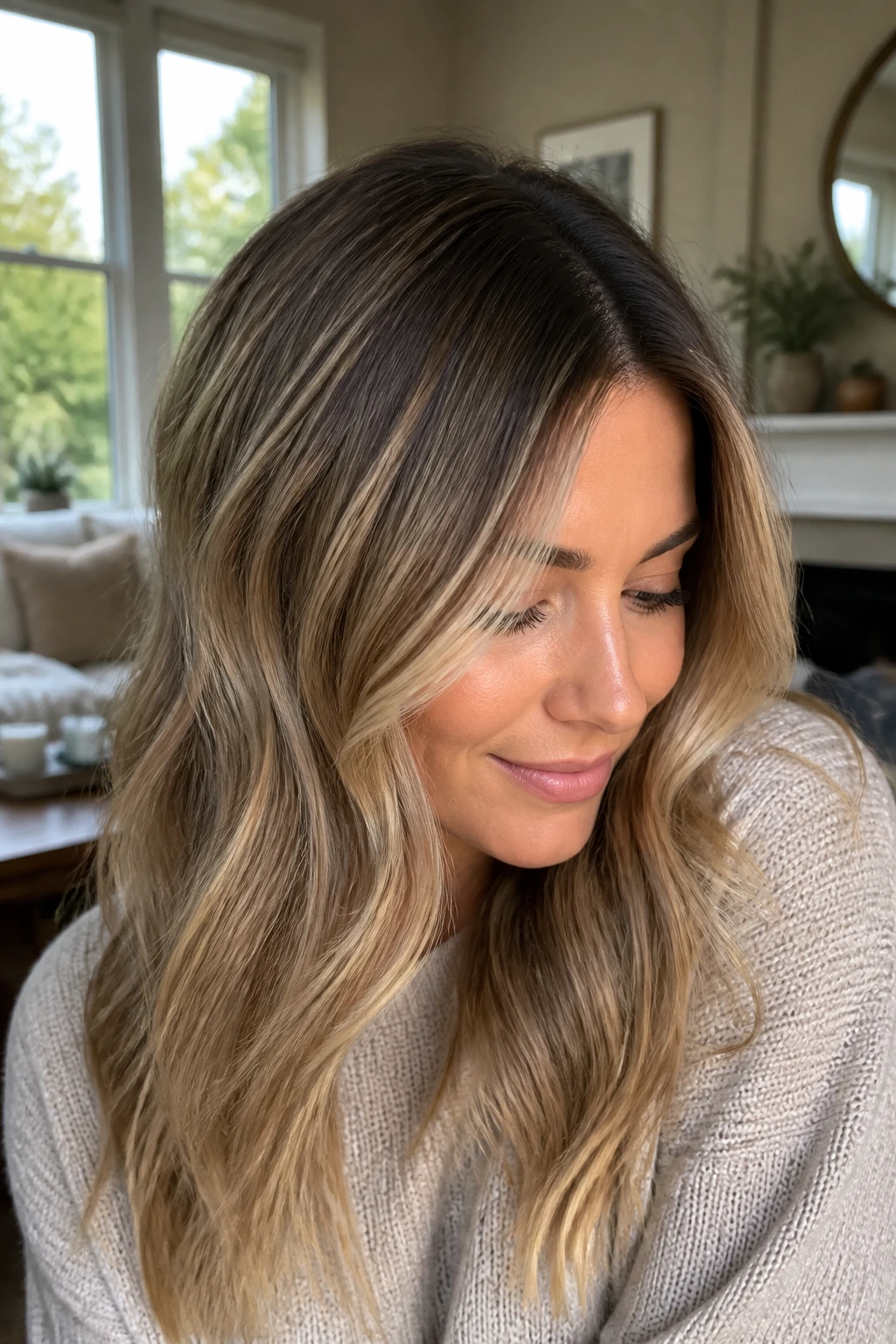 Close-up of a real woman's head showing Bronde Root Blend with a seamless brown-blonde root melt in warm daylight.